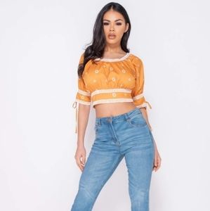 Daisy Floral Lace Trim Tie Up Detail Crop Top